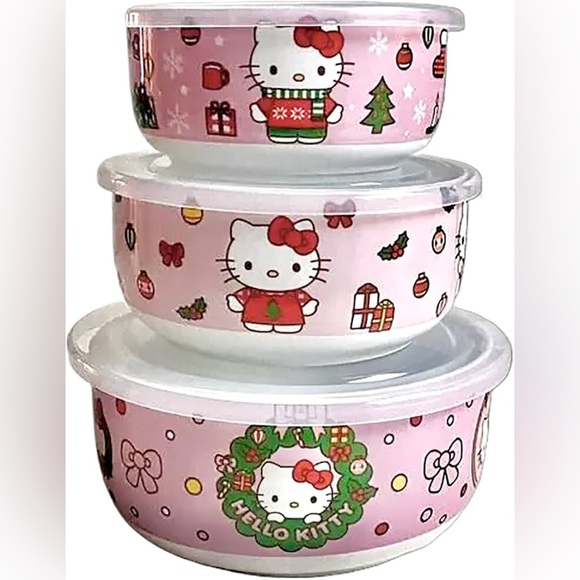 Hello Kity Christmas Food Storage Stacking Bowls Set with Lids Sm/Md/L Bowls NWT - Picture 1 of 2
